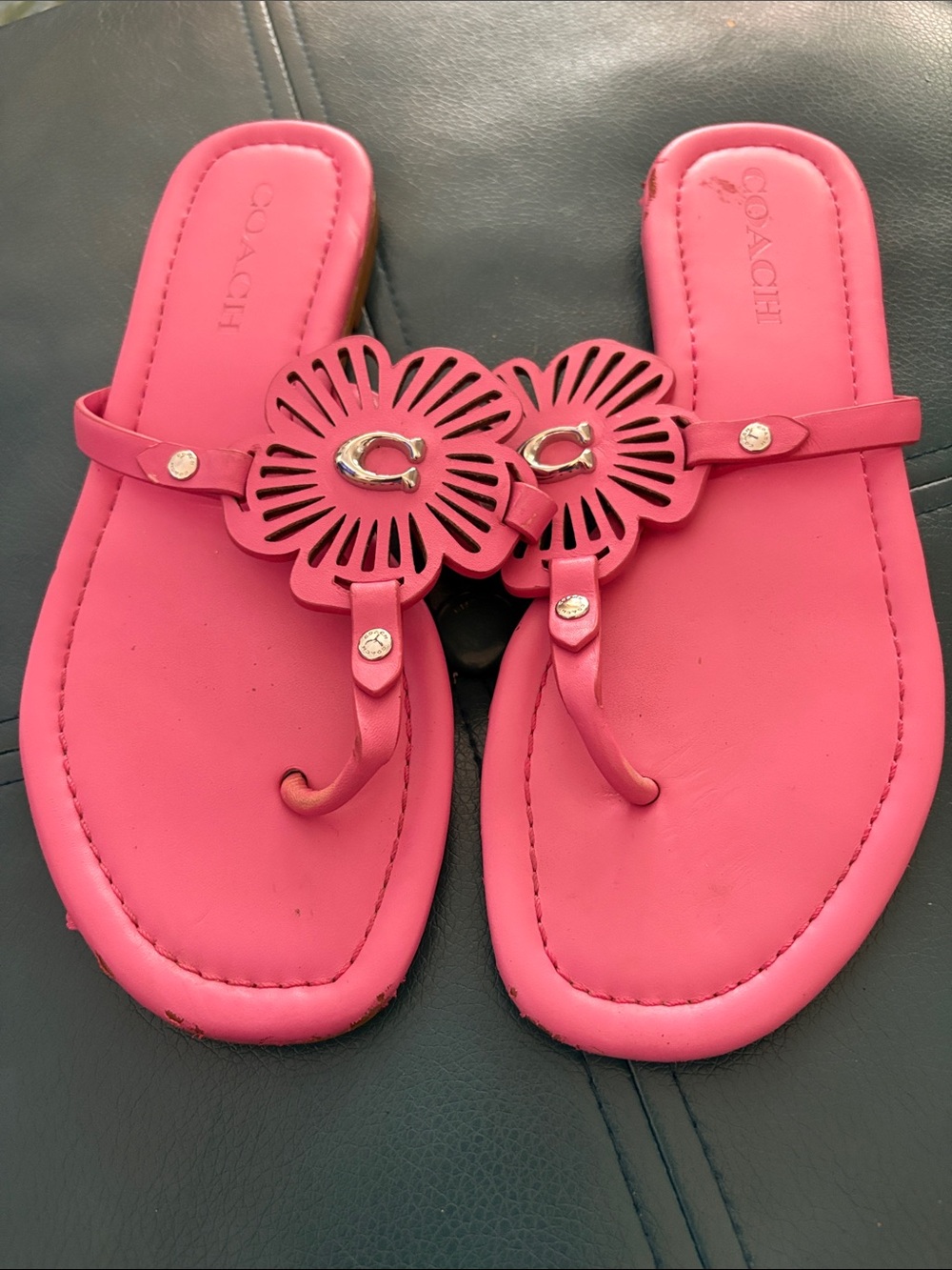 COACH Bright Pink Floral Cutout Thong Sandals with Signature 'C' Accent